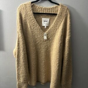 Aerie Cozy V-Neck Sweater in Warm Tan